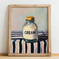 Cream – on Striped Tablecloth, Dairy Print, no-text version framed in wood