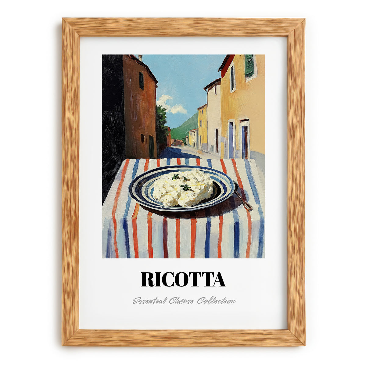 Ricotta – Italian Urban Café Scene, Cheese Illustration, set in oak frame