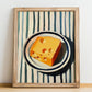 Cheddar – on Striped Tablecloth, Cheese Wall Painting, no-text version framed in wood