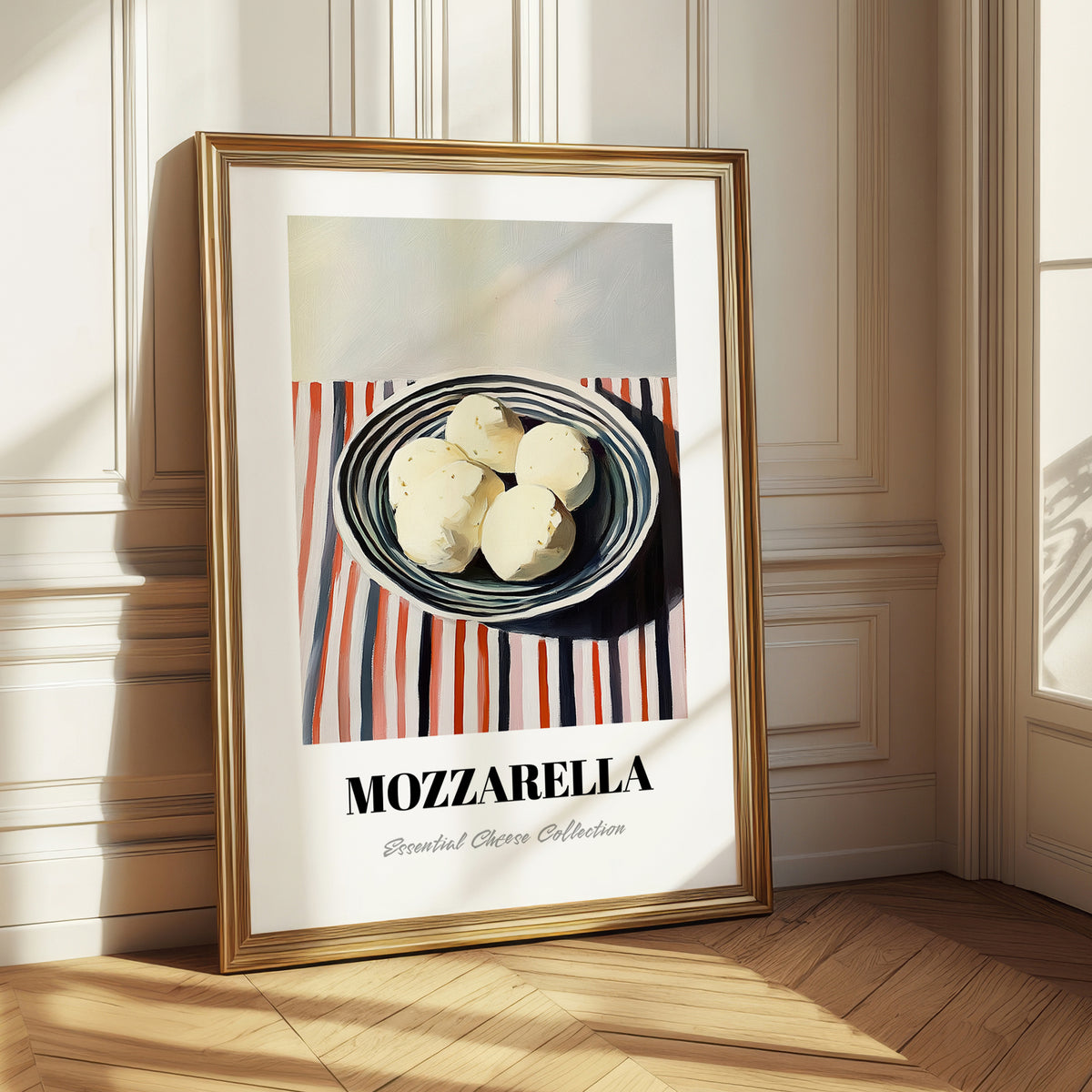Mozzarella – on Striped Tablecloth, Cheese Wall Decor
