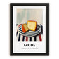 Gouda – on Striped Tablecloth, Cheese Painting, in sleek black frame