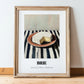 Brie – on Striped Tablecloth, Cheese Illustration, in wooden frame leaning on the floor