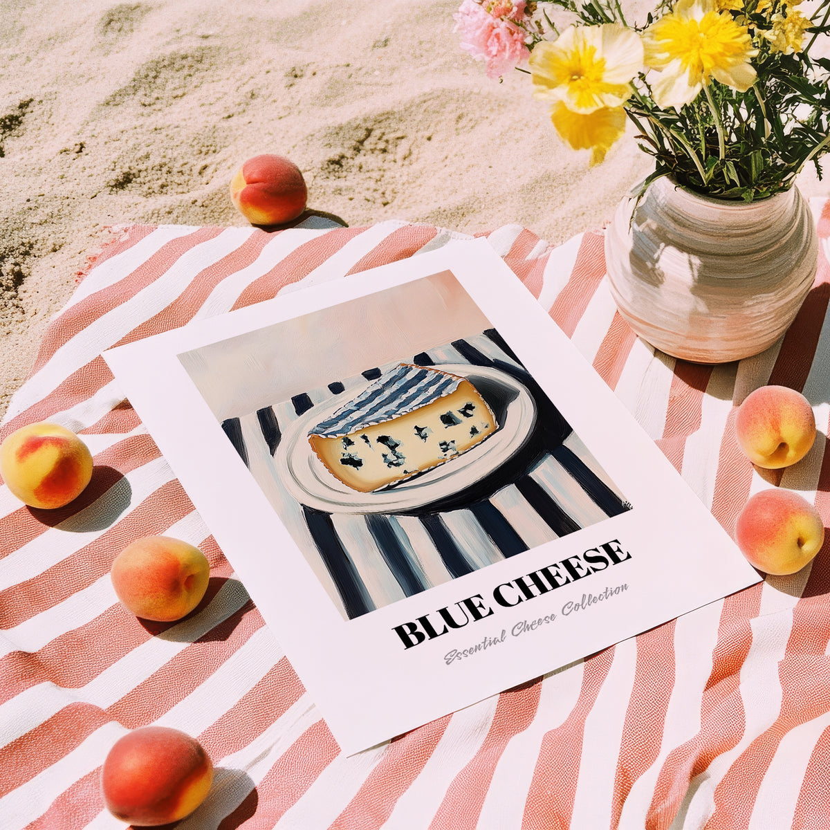 Blue – on Striped Tablecloth, Cheese Poster, unframed on coastal sand