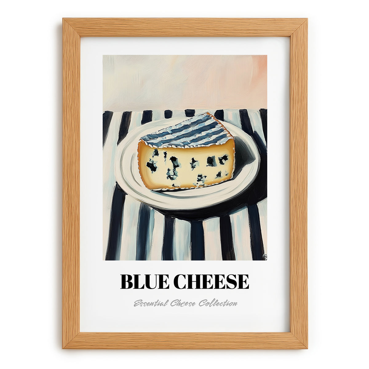 Blue – on Striped Tablecloth, Cheese Poster, set in oak frame