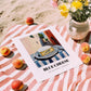 Blue – Italian Café on the Corner, Cheese Wall Decor, unframed on coastal sand