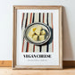 Vegan – on Striped Tablecloth, Cheese Poster, in wooden frame leaning on the floor