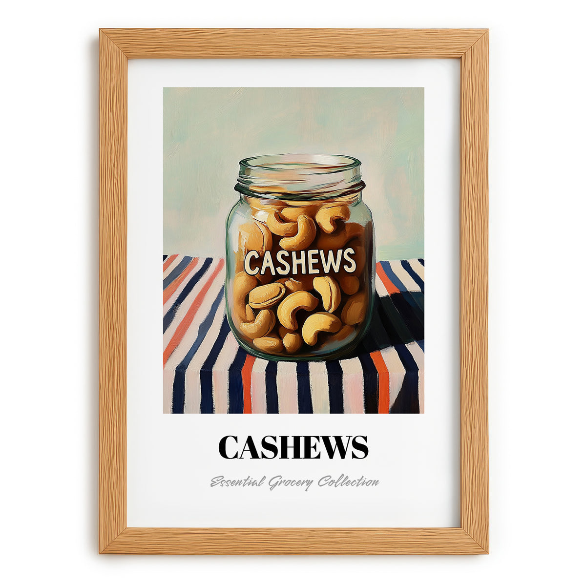 Cashews – on Striped Tablecloth, Nuts Painting, set in oak frame