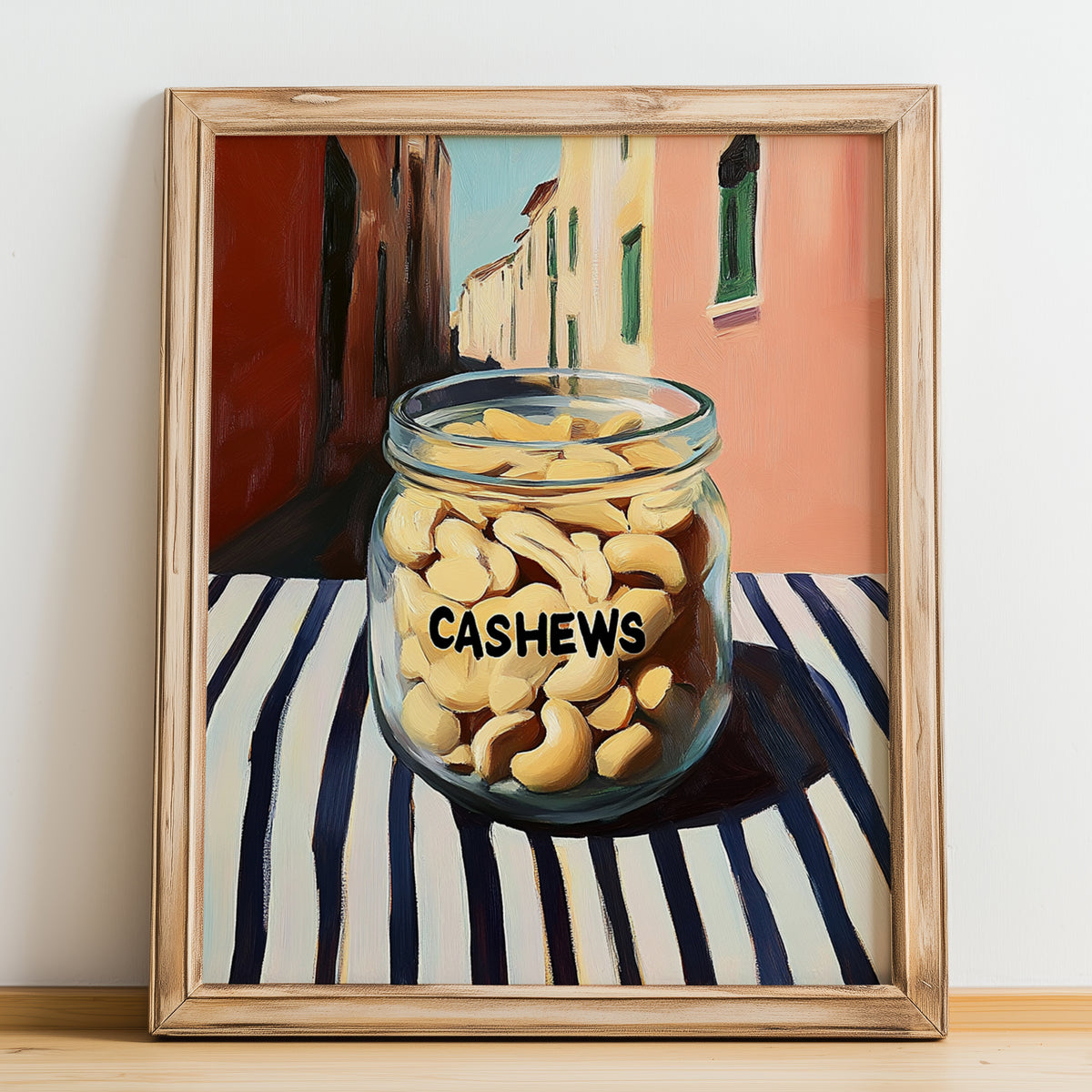 Cashews – Italian Café on the Corner, Nuts Still Life, no-text version framed in wood