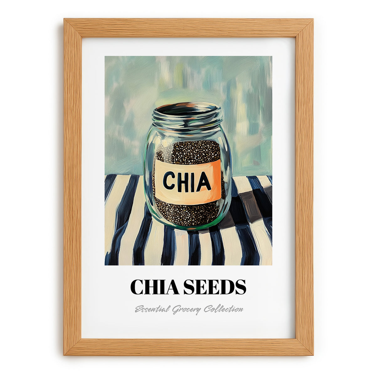 Chia Seeds – on Striped Tablecloth, Nuts Wall Decor, set in oak frame