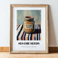 Sesame Seeds – on Striped Tablecloth, Nuts Poster, in wooden frame leaning on the floor