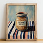 Sesame Seeds – on Striped Tablecloth, Nuts Poster, no-text version framed in wood