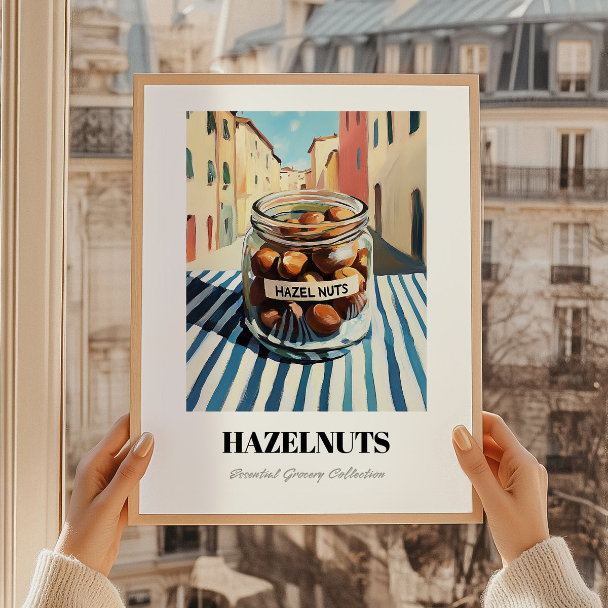 Hazelnuts – Italian Café on the Corner, Nuts Print, styled in a charming Paris street view