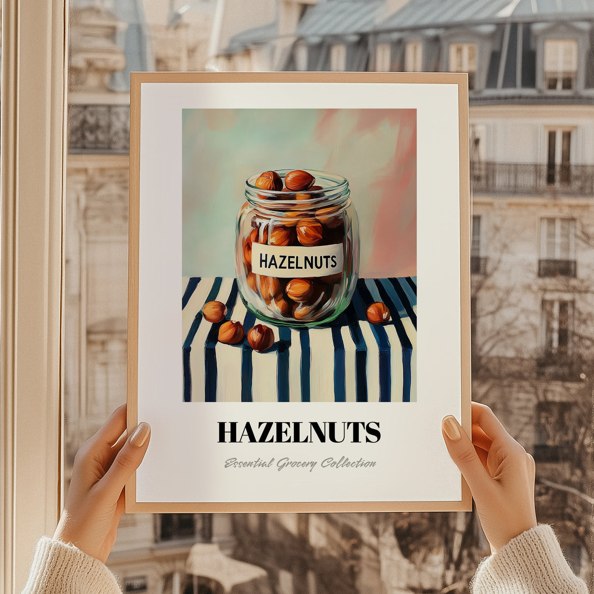 Hazelnuts – on Striped Tablecloth, Nuts Wall Decor, styled in a charming Paris street view