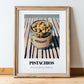 Pistachios – on Striped Tablecloth, Nuts Art, in wooden frame leaning on the floor