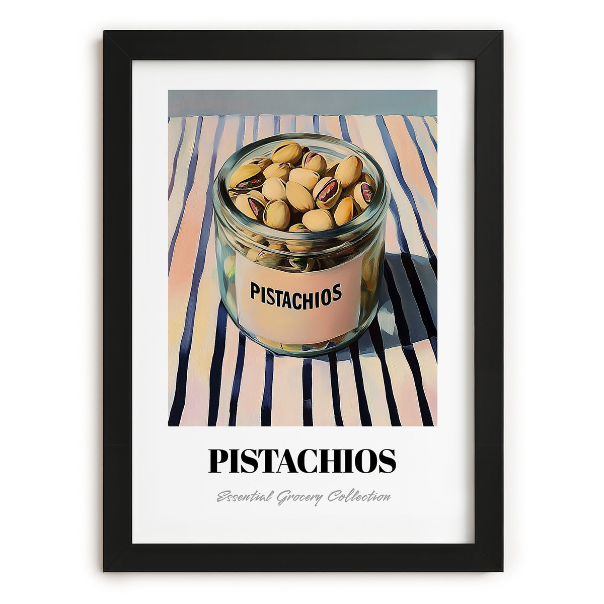 Pistachios – on Striped Tablecloth, Nuts Art, in sleek black frame