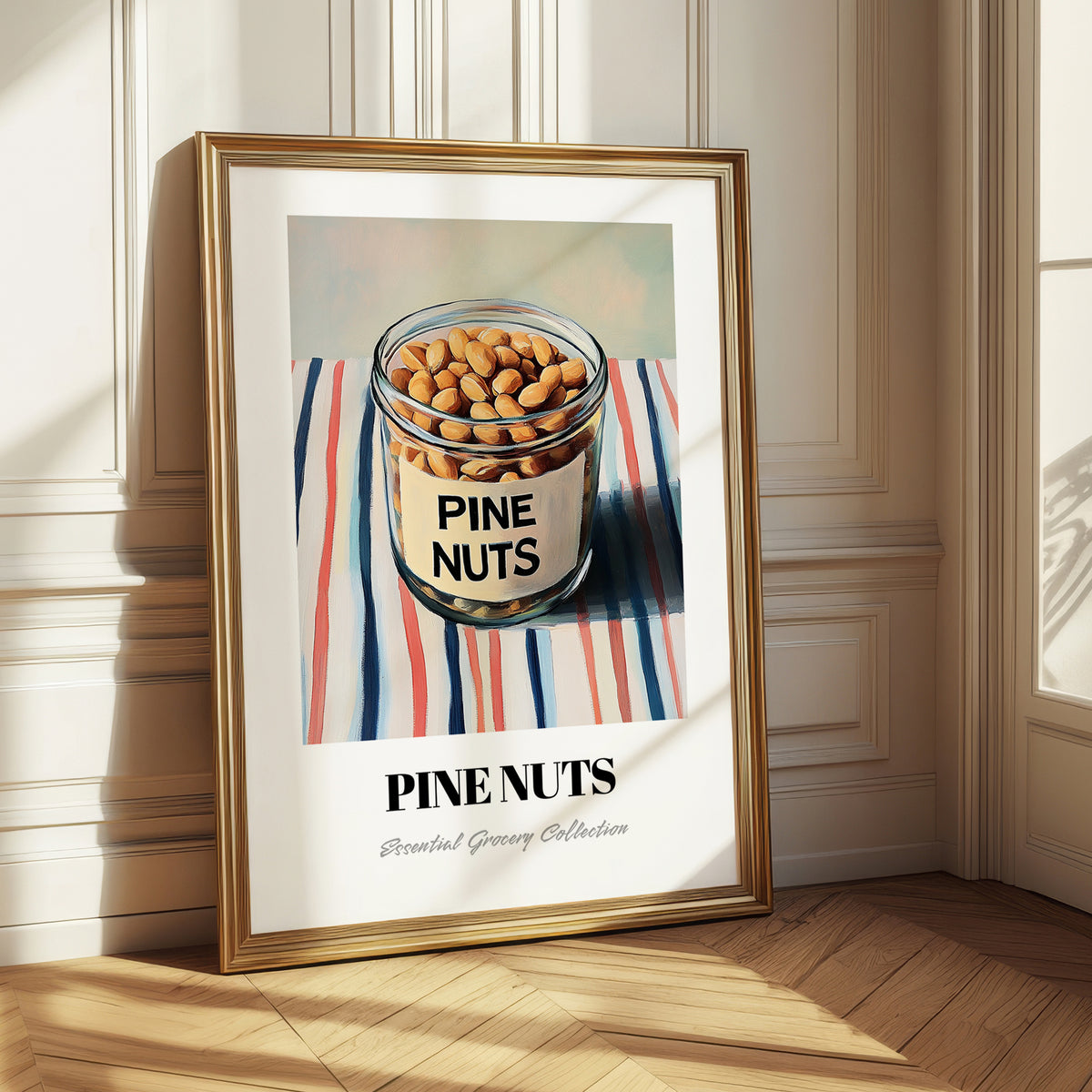 Pine Nuts – on Striped Tablecloth, Nuts Wall Decor