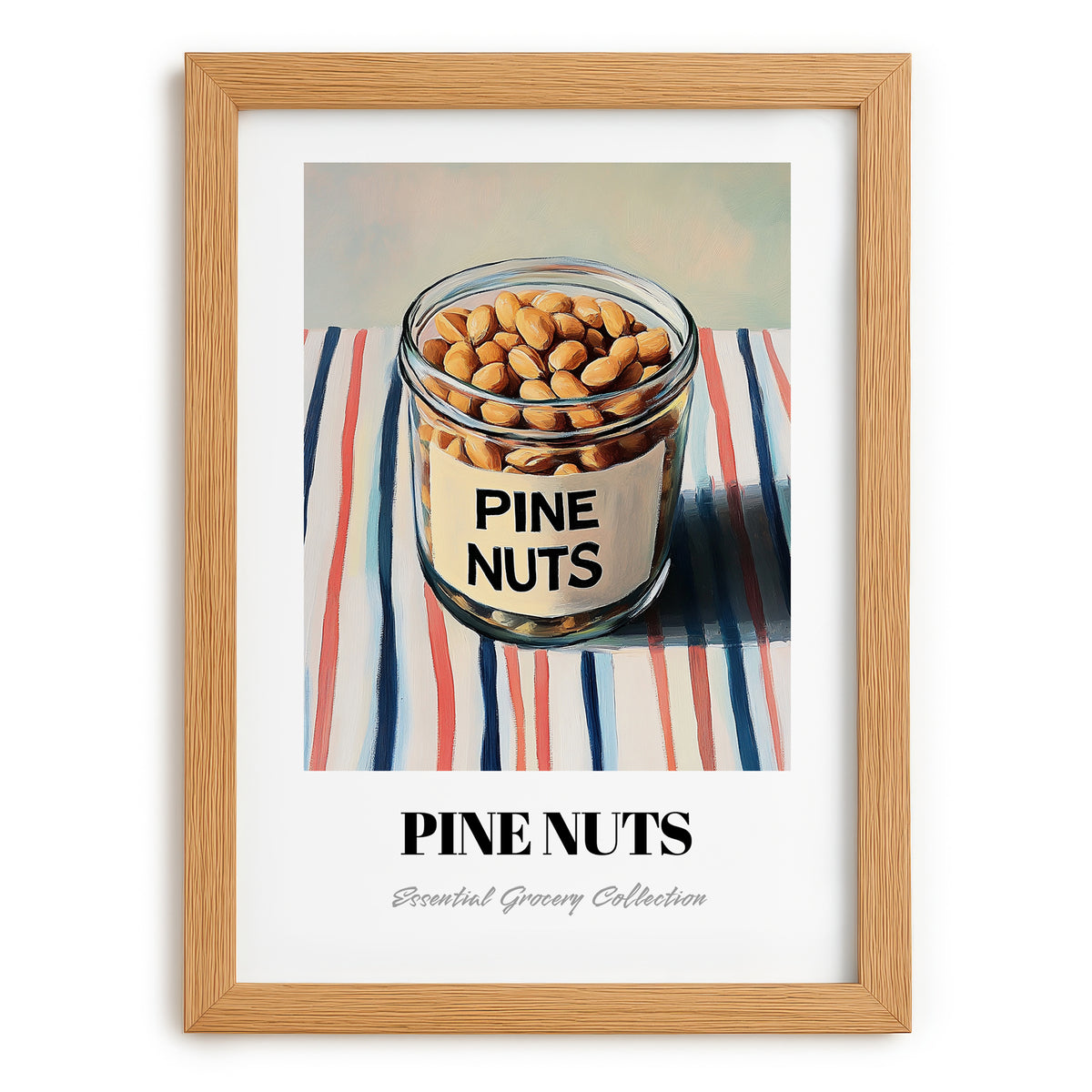 Pine Nuts – on Striped Tablecloth, Nuts Wall Decor, set in oak frame
