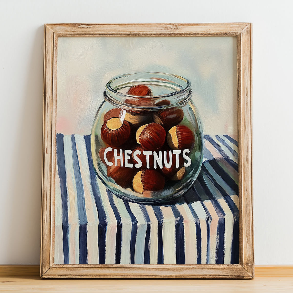 Chestnuts – on Striped Tablecloth, Nuts Print, no-text version framed in wood
