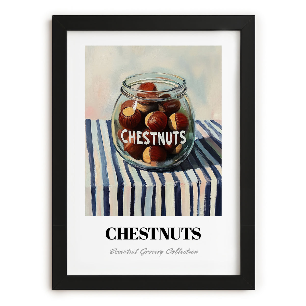 Chestnuts – on Striped Tablecloth, Nuts Print, in sleek black frame