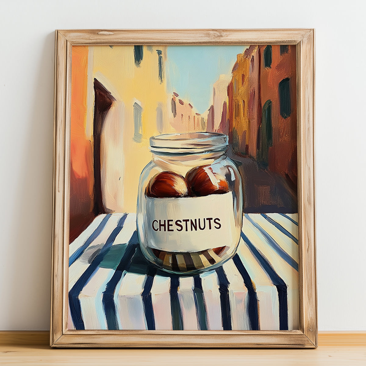 Chestnuts – Italian Outdoor Café Scene, Nuts Art, no-text version framed in wood