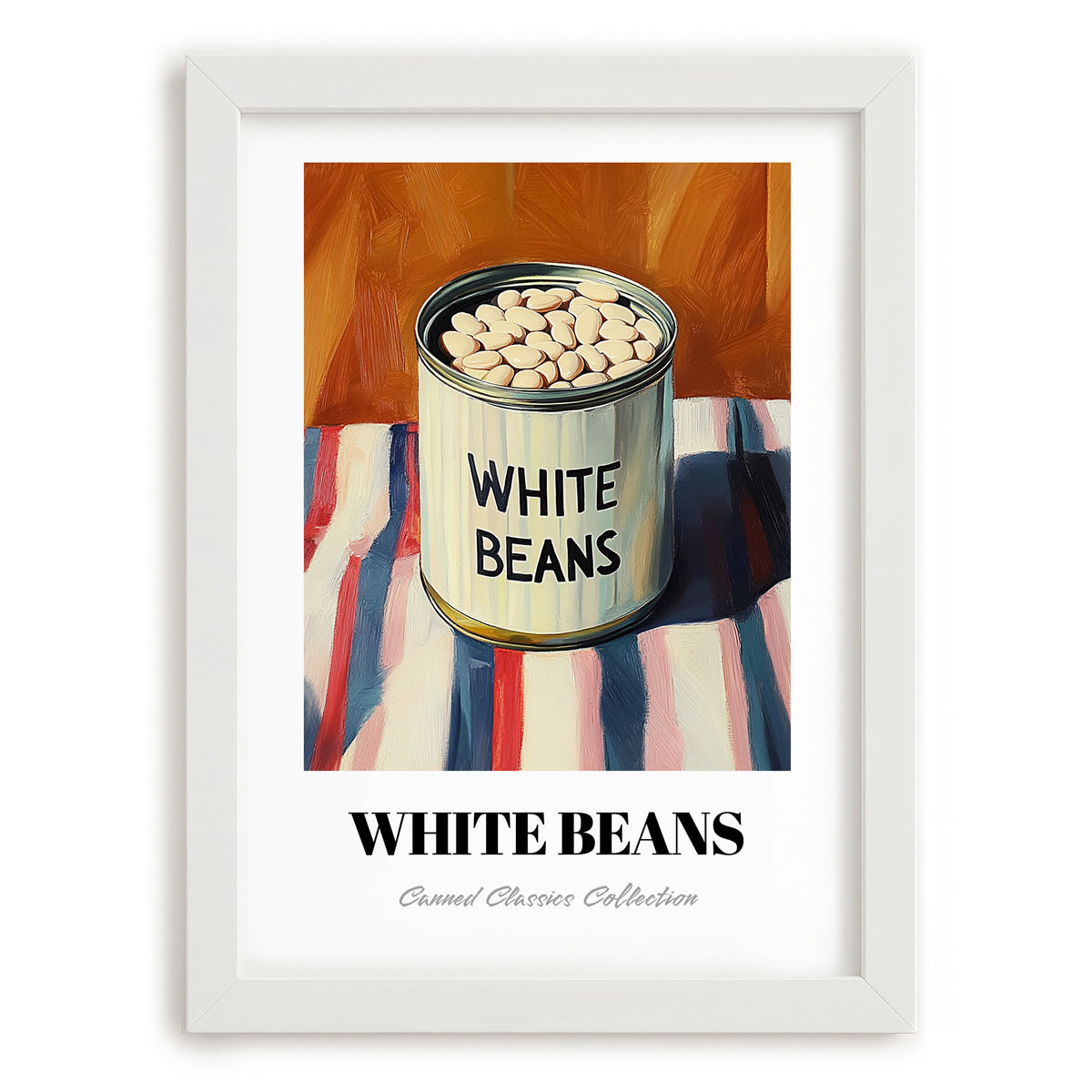 White Beans – on Striped Tablecloth, Canned Vegetables Painting, placed in minimal white frame