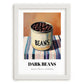 Dark Beans – on Striped Tablecloth, Canned Vegetables Illustration, placed in minimal white frame