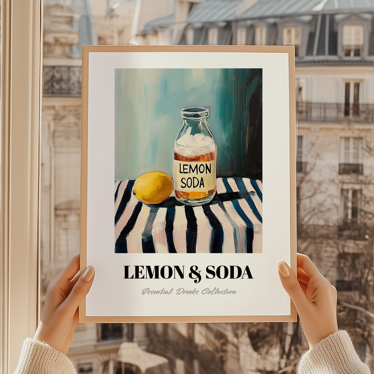 Lemon & Soda – on Striped Tablecloth, Lemonade Poster, styled in a charming Paris street view