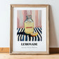 Lemonade – on Striped Tablecloth, Lemonade Poster, in wooden frame leaning on the floor