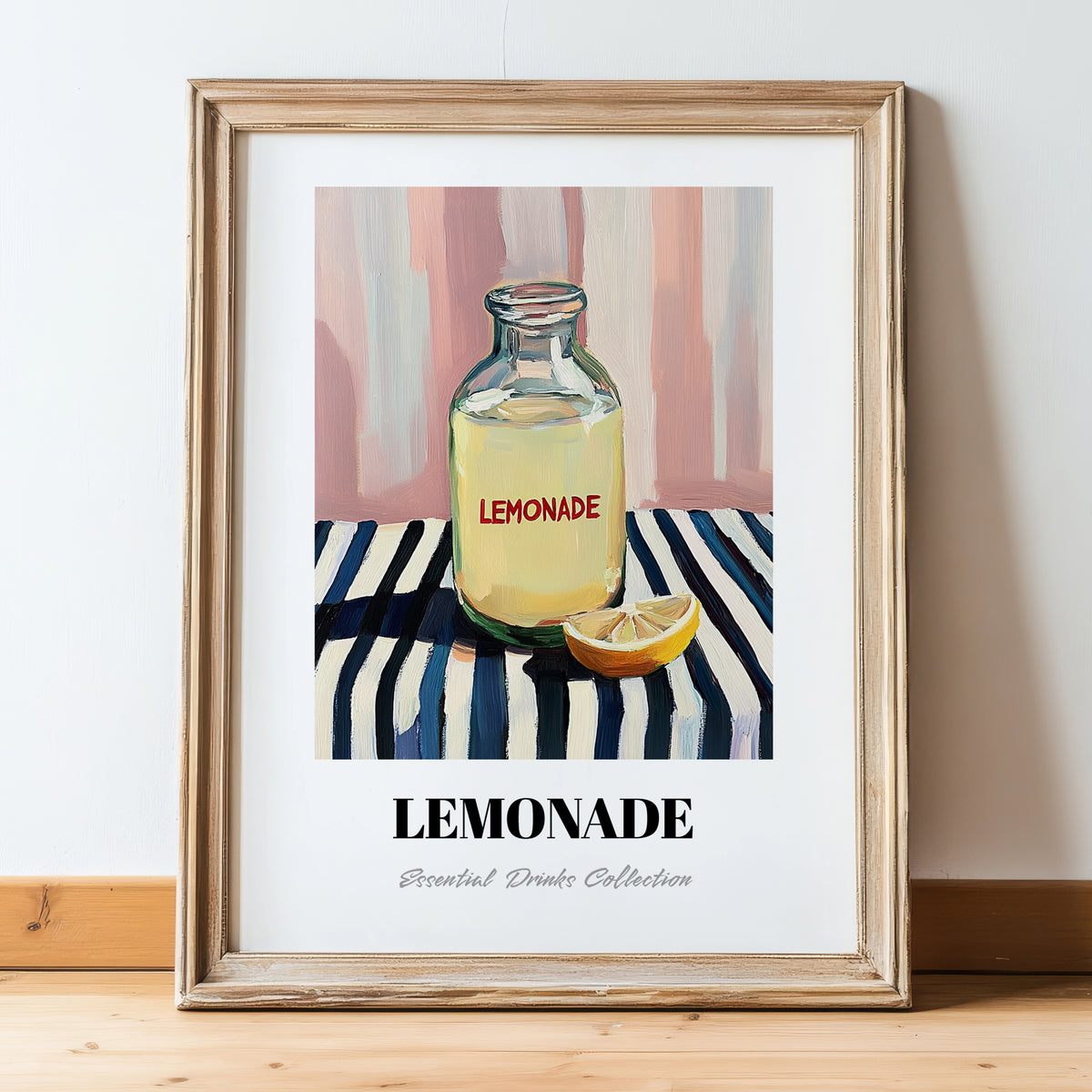 Lemonade – on Striped Tablecloth, Lemonade Poster, in wooden frame leaning on the floor