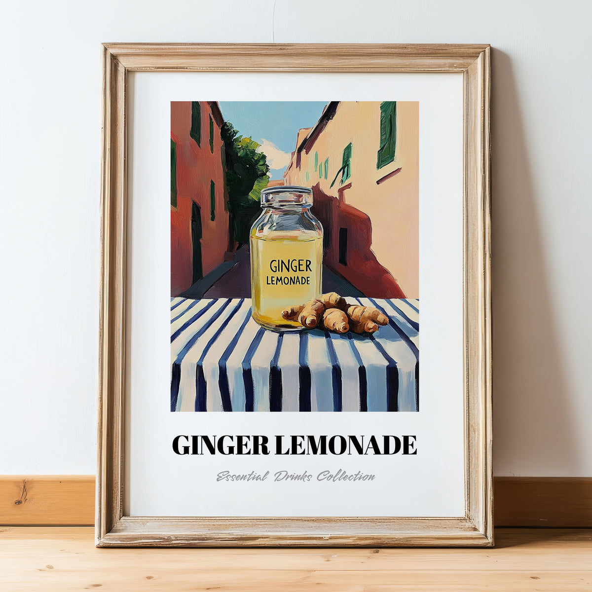 Ginger Lemonade – Italian Street Café Scene, Lemonade Still Life, in wooden frame leaning on the floor