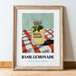 Basil Lemonade – on Striped Tablecloth, Lemonade Illustration, in wooden frame leaning on the floor