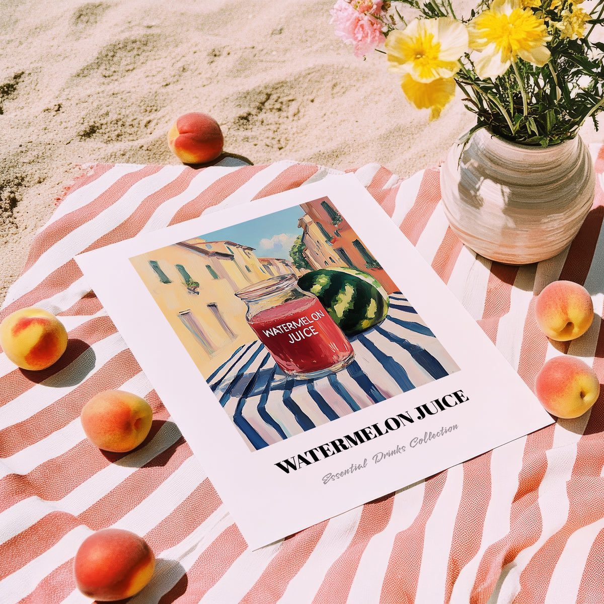 Watermelon Juice – Italian Urban Café Scene, Lemonade Wall Art, unframed on coastal sand