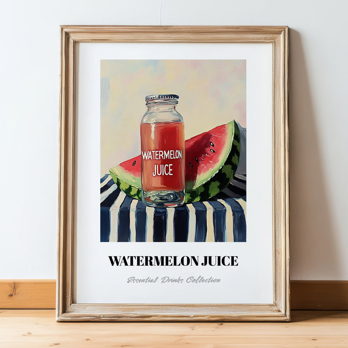 Watermelon Juice – on Striped Tablecloth, Lemonade Still Life, in wooden frame leaning on the floor