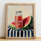 Watermelon Juice – on Striped Tablecloth, Lemonade Still Life, no-text version framed in wood