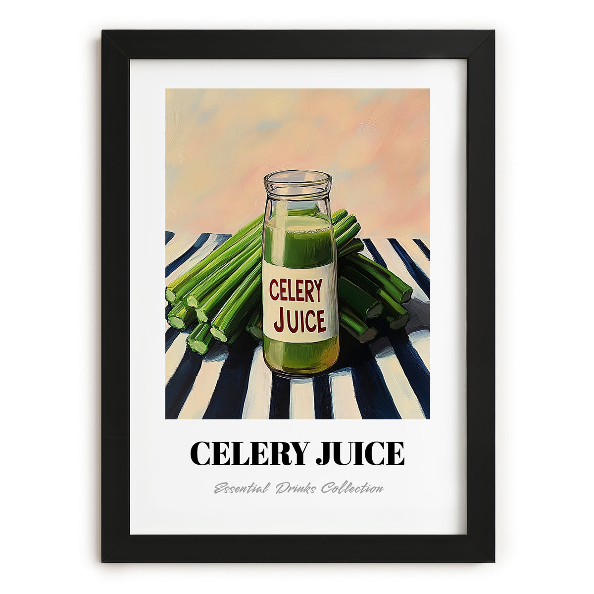 Celery Juice – on Striped Tablecloth, Lemonade Painting, in sleek black frame