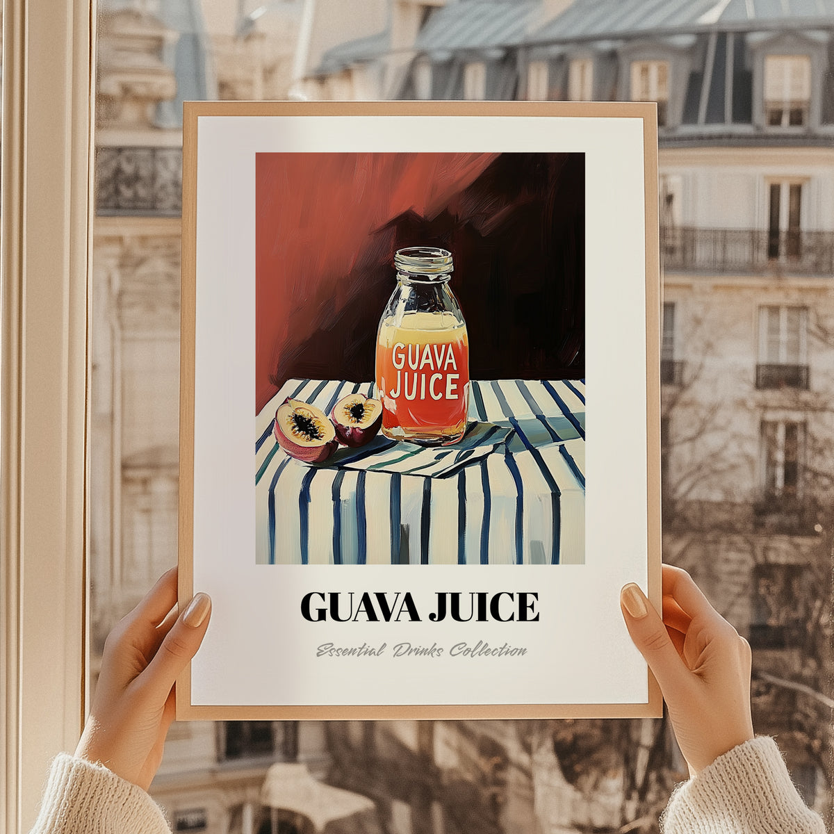 Guava Juice – on Striped Tablecloth, Lemonade Painting, styled in a charming Paris street view