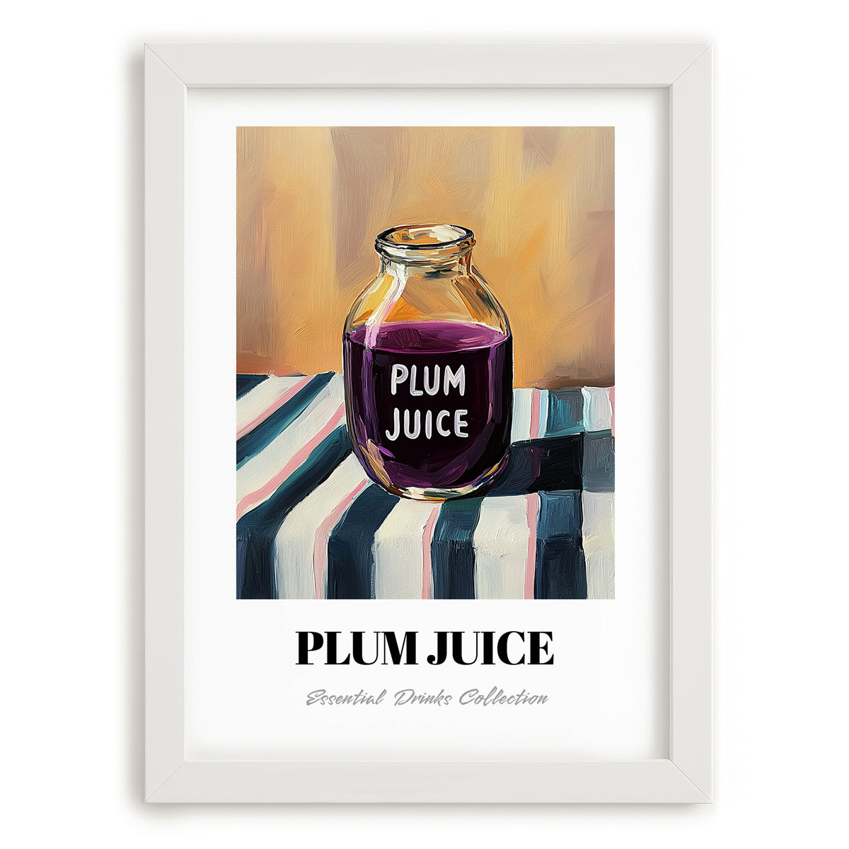 Plum Juice – on Striped Tablecloth, Lemonade Still Life, placed in minimal white frame