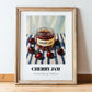 Cherry Jam – on Striped Tablecloth, Jam Art, in wooden frame leaning on the floor