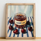 Cherry Jam – on Striped Tablecloth, Jam Art, no-text version framed in wood