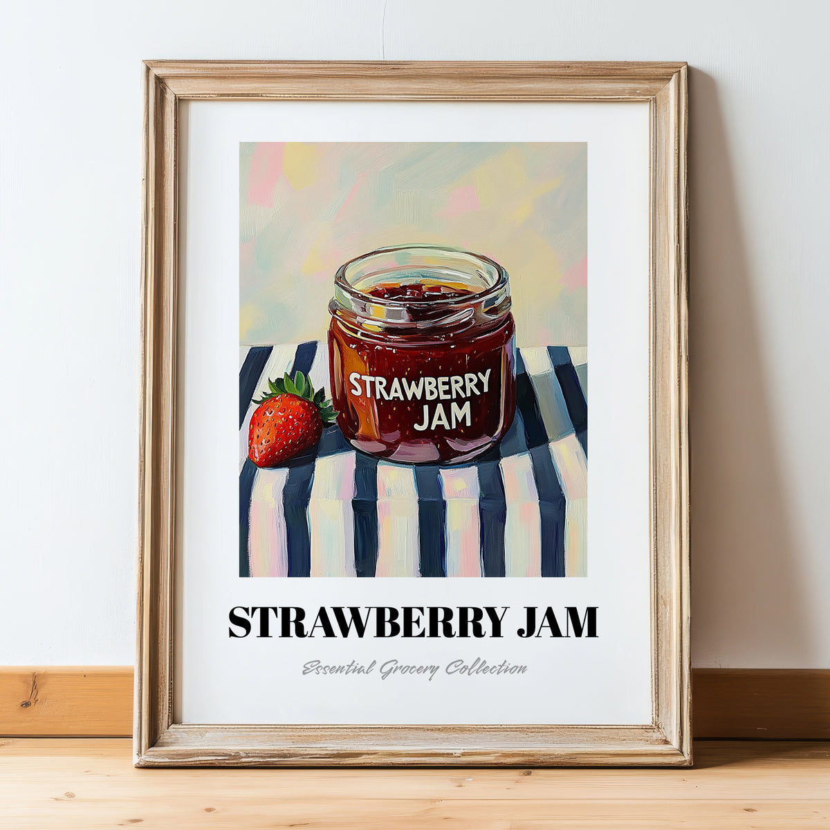 Strawberry Jam – on Striped Tablecloth, Jam Wall Art, in wooden frame leaning on the floor