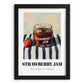 Strawberry Jam – on Striped Tablecloth, Jam Wall Art, in sleek black frame