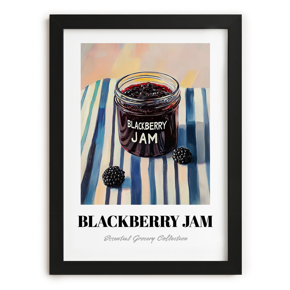 Blackberry Jam – on Striped Tablecloth, Jam Poster, in sleek black frame