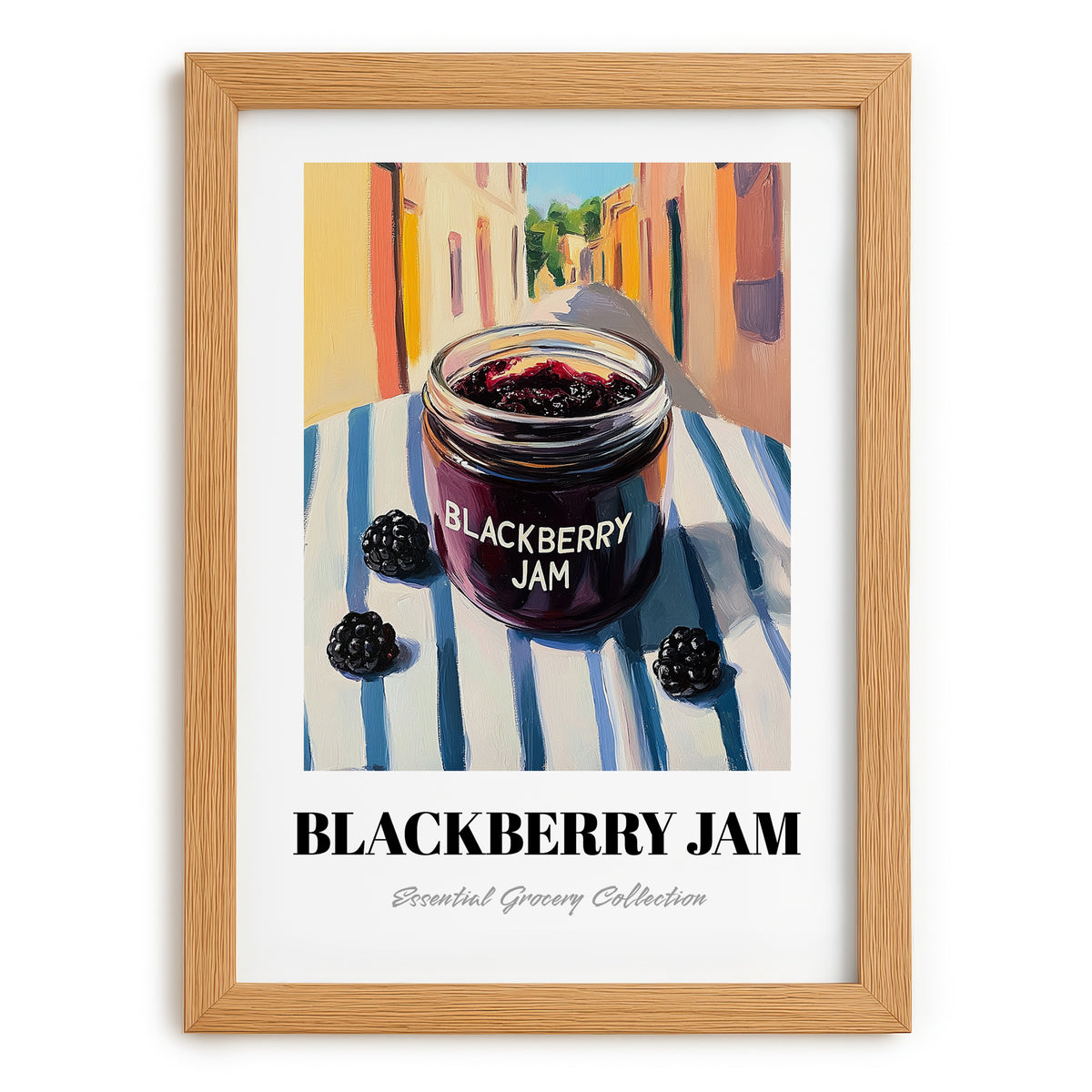 Blackberry Jam – Italian Urban Café Scene, Jam Print, set in oak frame