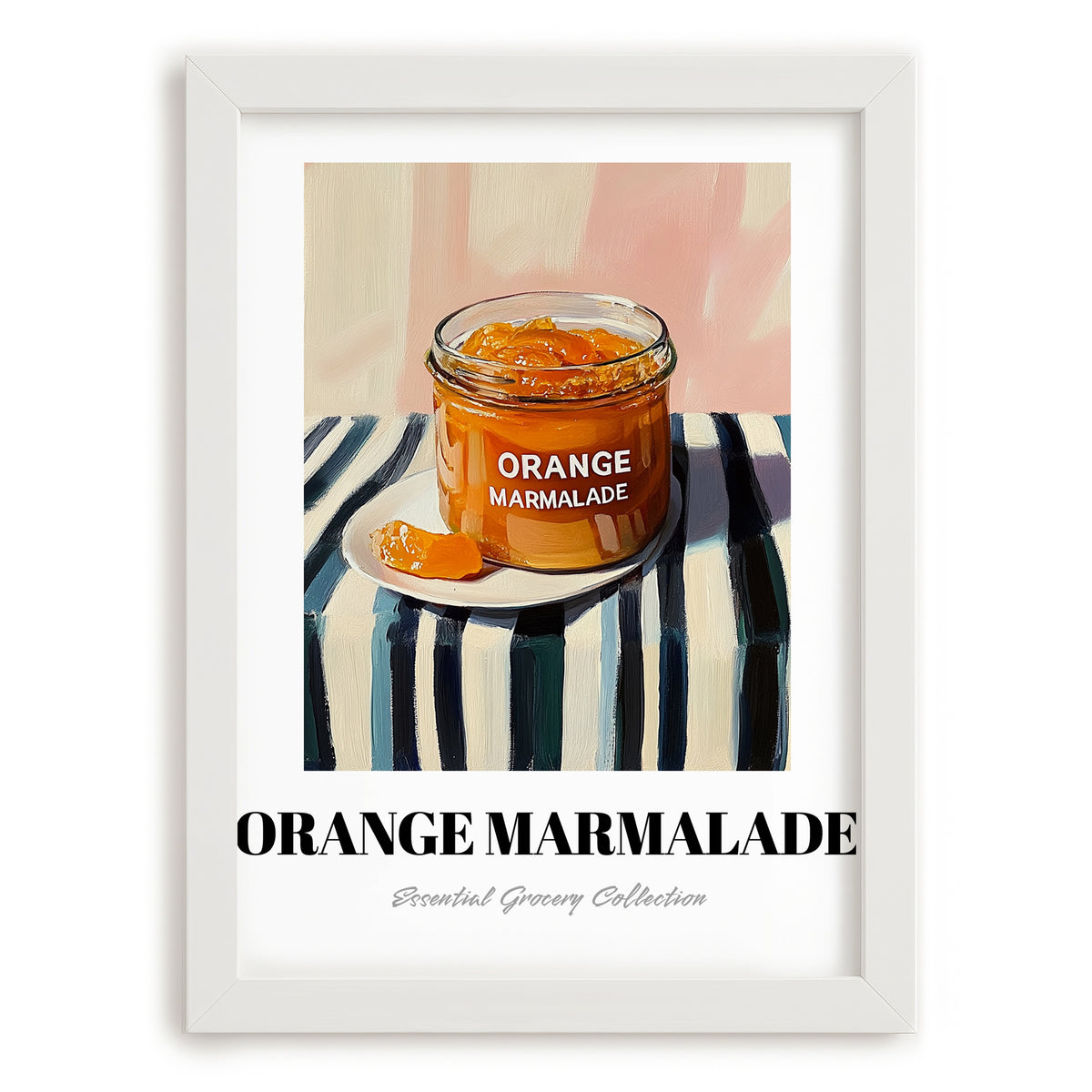 Orange Marmalade – on Striped Tablecloth, Jam Illustration, placed in minimal white frame