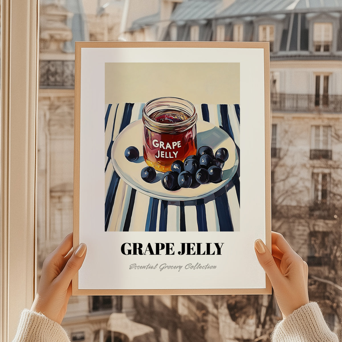 Grape Jelly – on Striped Tablecloth, Jam Art, styled in a charming Paris street view