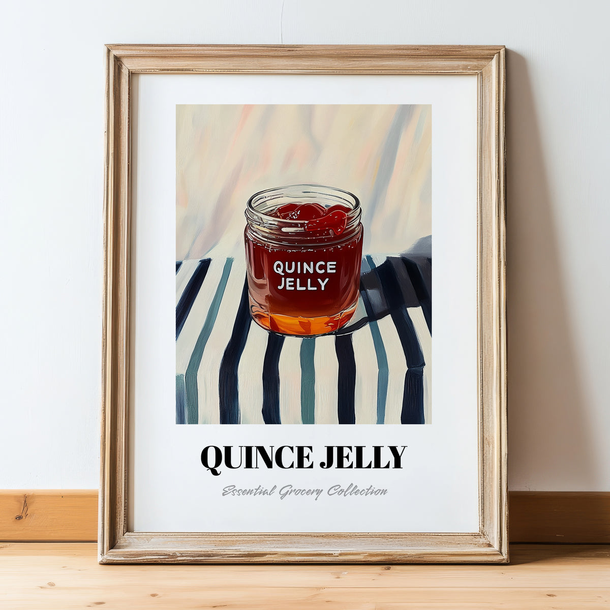 Quince Jelly – on Striped Tablecloth, Jam Illustration, in wooden frame leaning on the floor