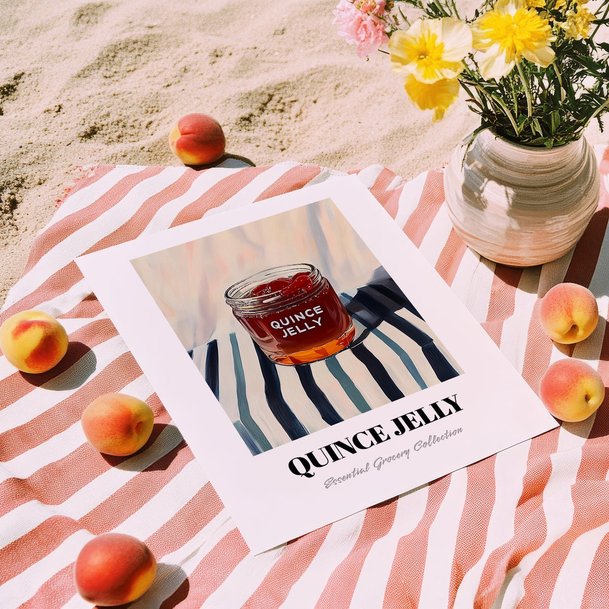 Quince Jelly – on Striped Tablecloth, Jam Illustration, unframed on coastal sand