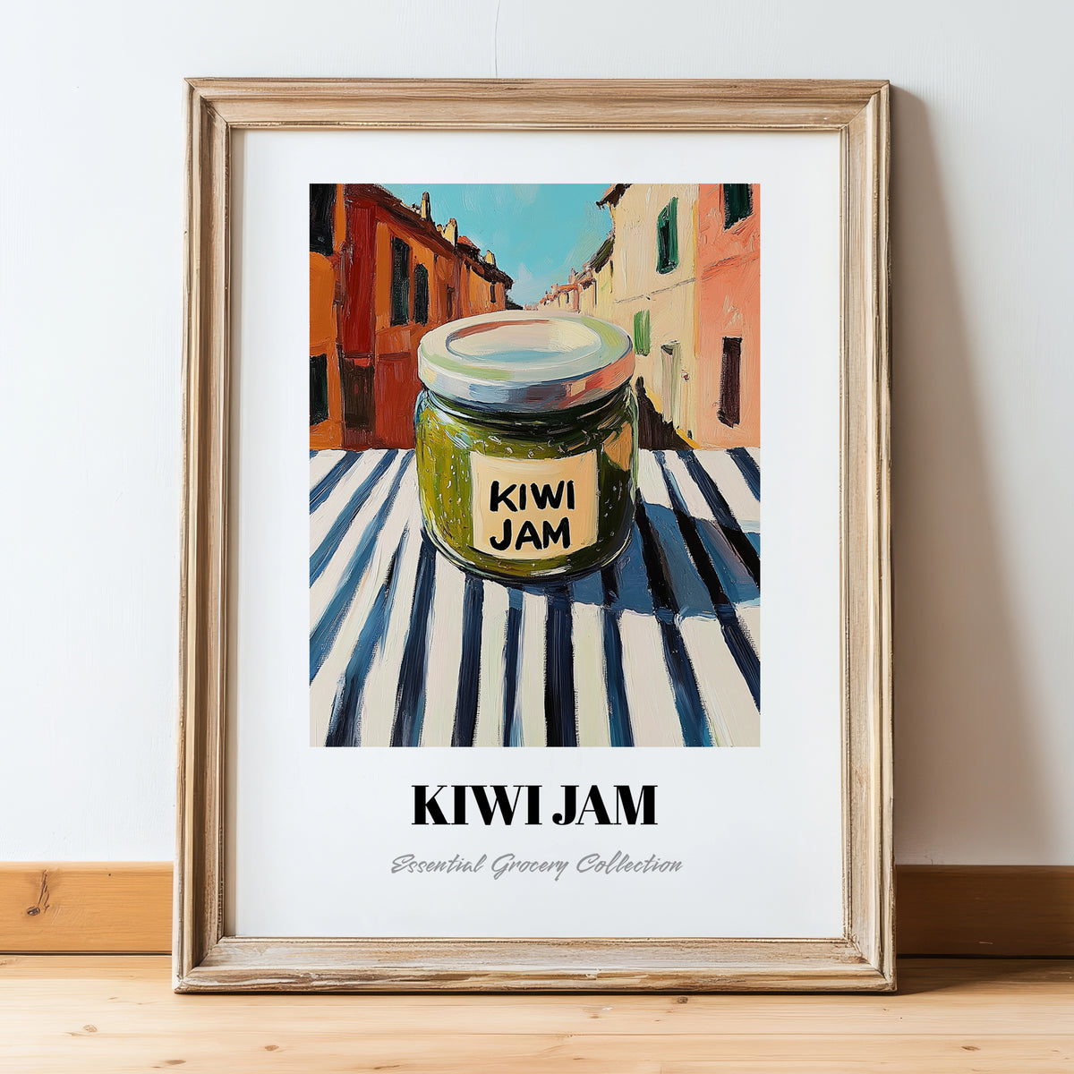 Kiwi Jam – Italian Street Café Scene, Jam Print, in wooden frame leaning on the floor