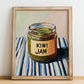 Kiwi Jam – on Striped Tablecloth, Jam Wall Decor, no-text version framed in wood