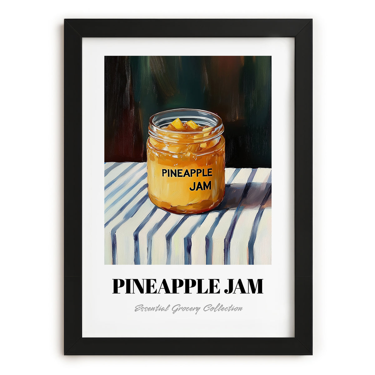 Pineapple Jam – on Striped Tablecloth, Jam Art, in sleek black frame